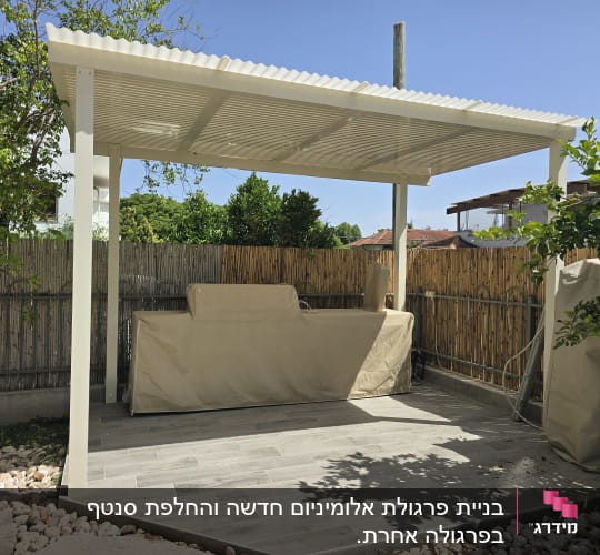 פרגולה אלומיניום בגינה עם ריהוט מכוסה